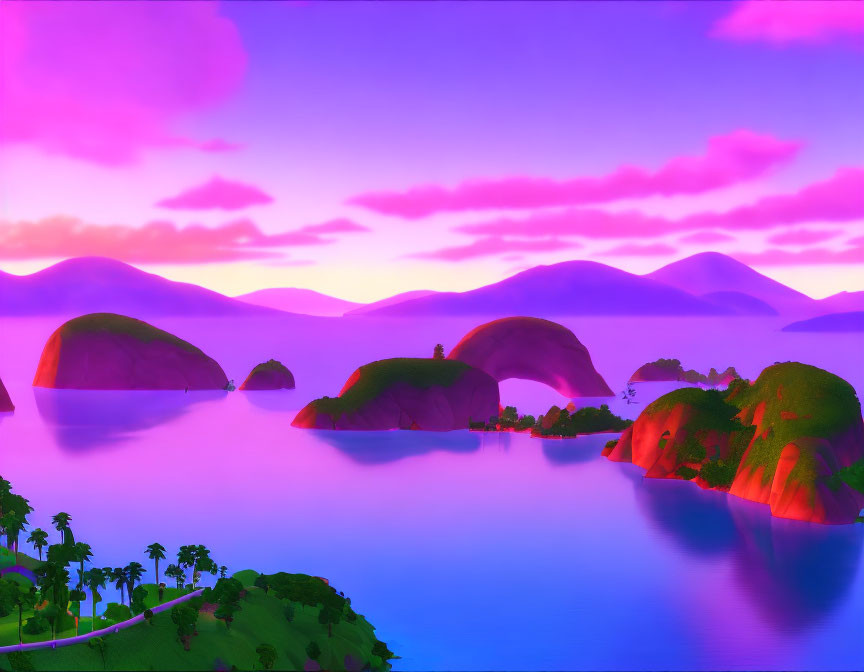 Twilight digital artwork: pink skies, silhouetted mountains, tranquil waters.