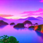 Twilight digital artwork: pink skies, silhouetted mountains, tranquil waters.