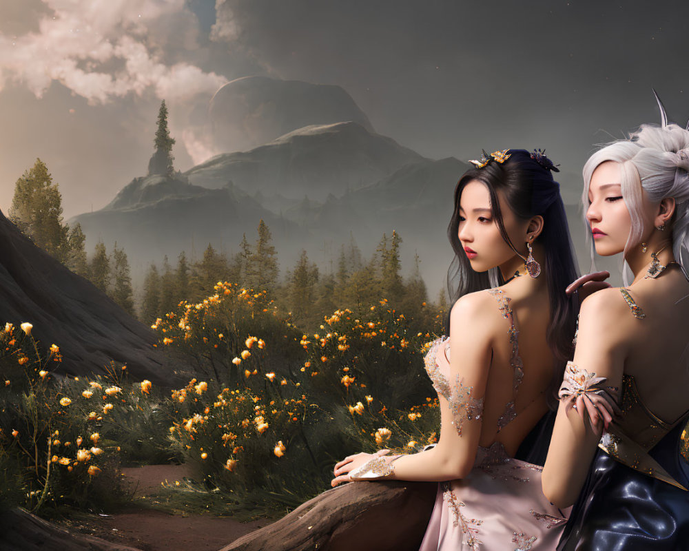 Two elegant women in fantasy attire with elaborate hairstyles in serene, fantastical landscape.