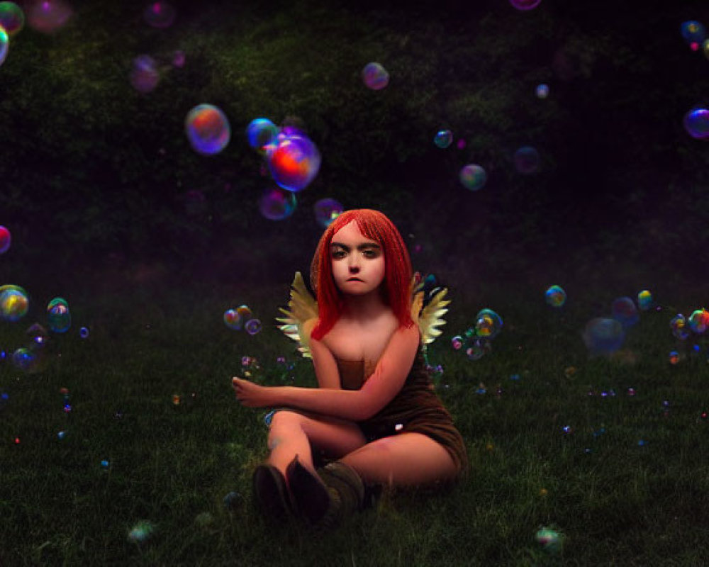 Red-haired person sitting among colorful soap bubbles on grass with small fire