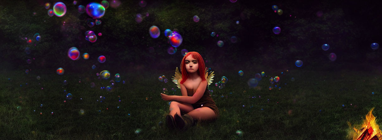 Red-haired person sitting among colorful soap bubbles on grass with small fire