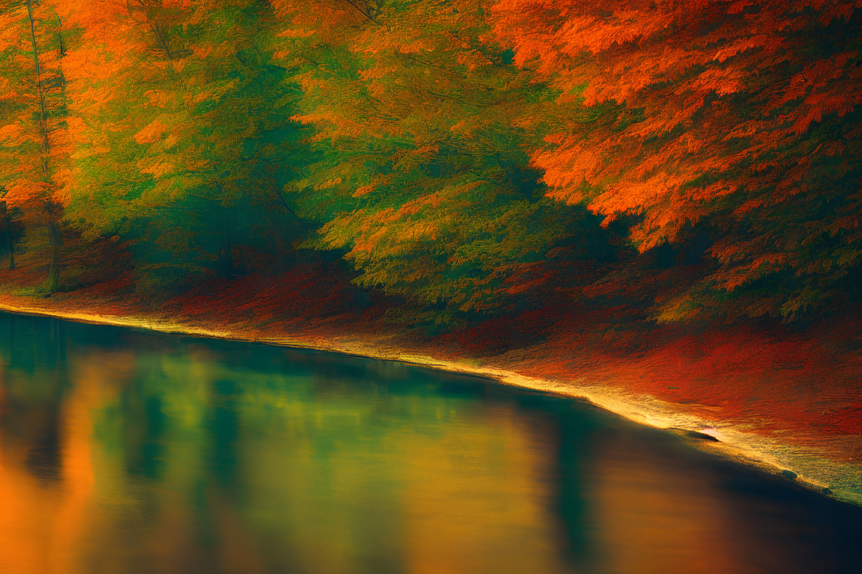 Tranquil autumn forest with vibrant orange and green foliage reflected in water