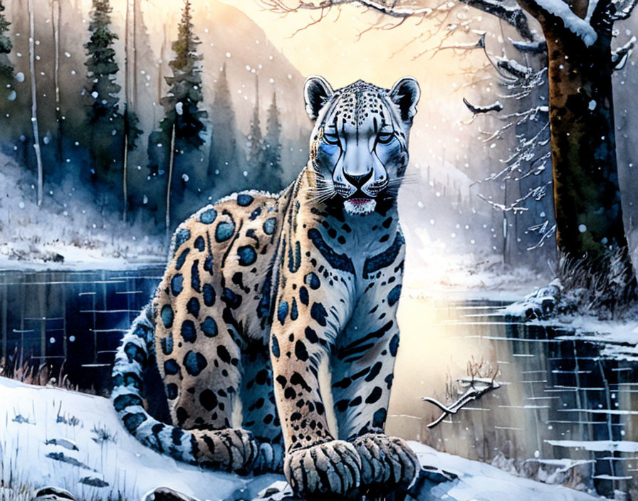 Snow leopard in snowy landscape by river with falling snowflakes