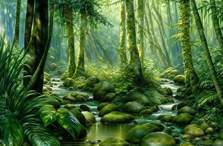 Lush Green Rainforest with Towering Trees and Tranquil Stream