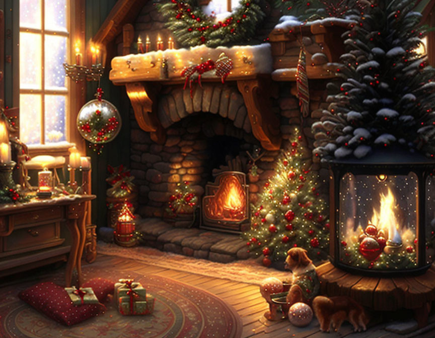 Festive Christmas room with tree, gifts, fireplace, dog