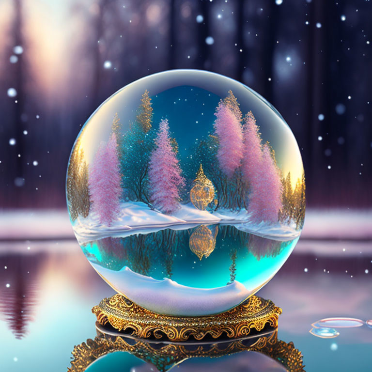 Crystal ball digital art: Wintry forest, colorful trees, serene water, twilight backdrop