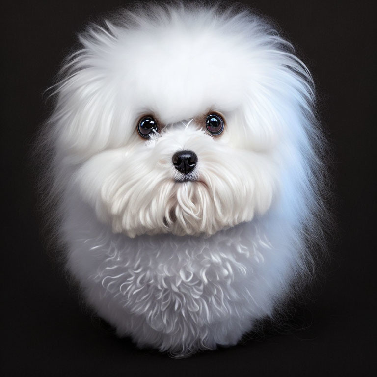 White Fluffy Dog with Expressive Eyes on Dark Background