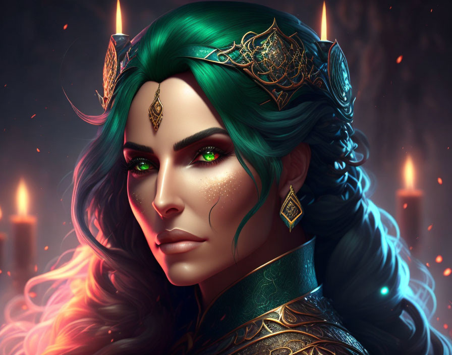 Fantasy woman with emerald green hair and gold crown in dimly lit room