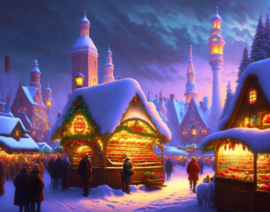 Snow-covered holiday market with illuminated buildings and stalls at twilight