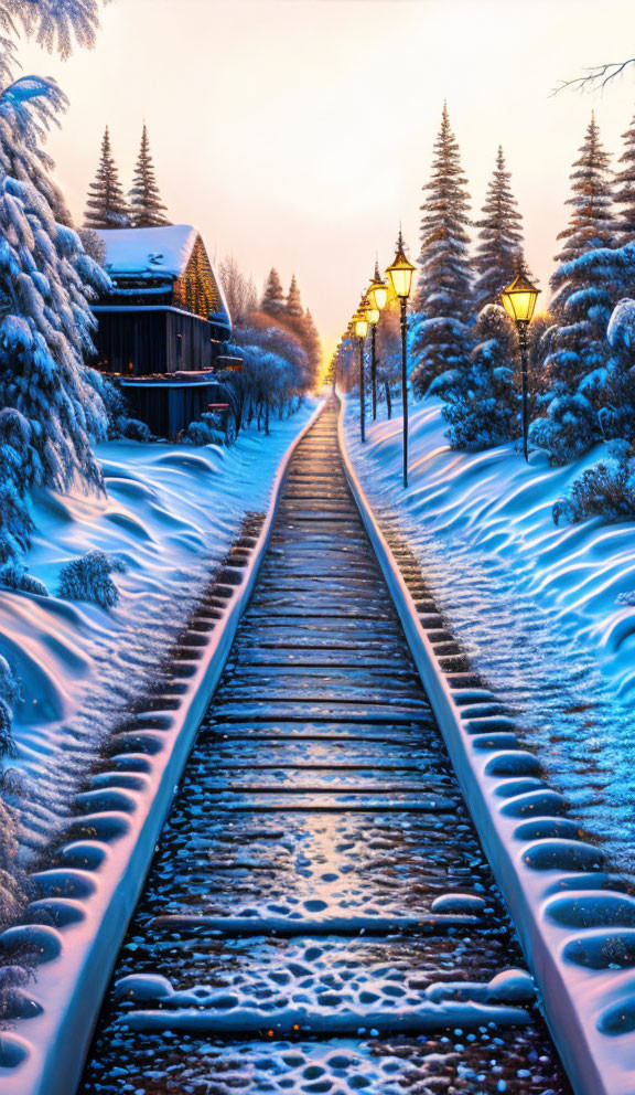 Snow-covered train tracks to wooden cabin surrounded by snow-dusted pines under twilight sky