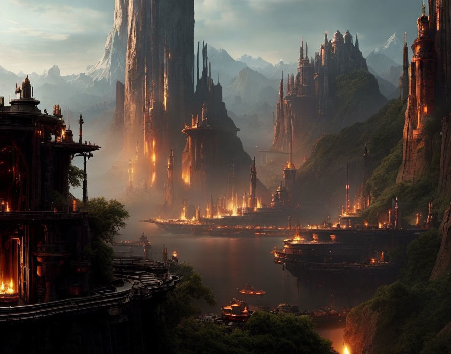 Fantasy landscape with towering spires, balconies, river, and misty mountains at dusk