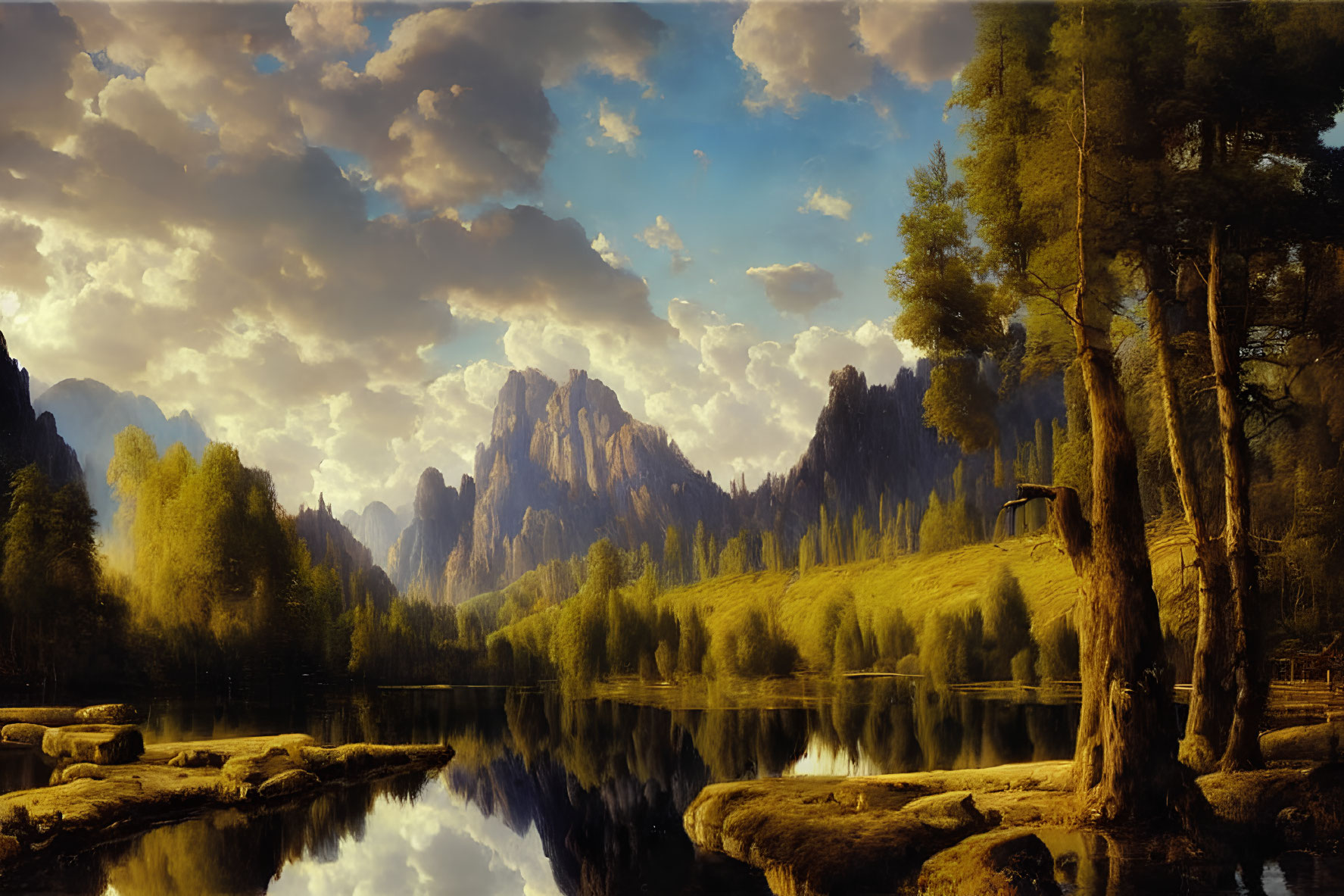 Tranquil lake with towering mountains and golden sky