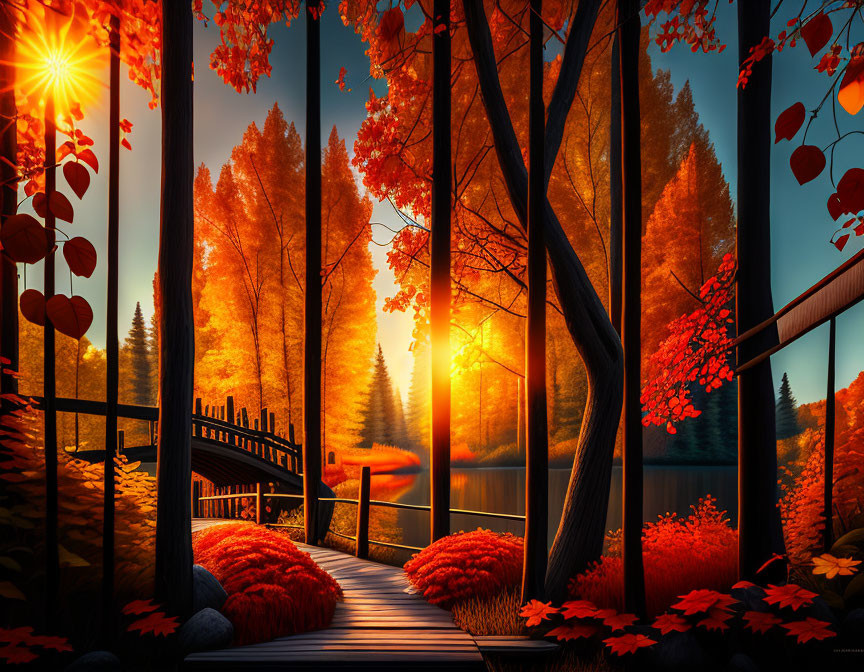 Tranquil autumn landscape with wooden bridge and vibrant foliage