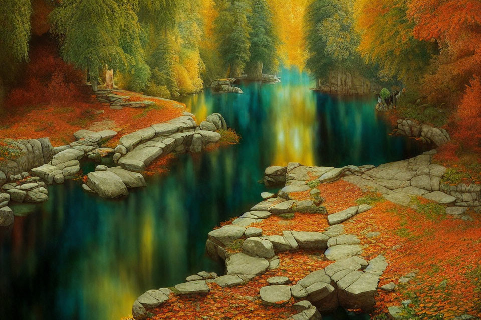 Tranquil autumn landscape with stone pathway over river