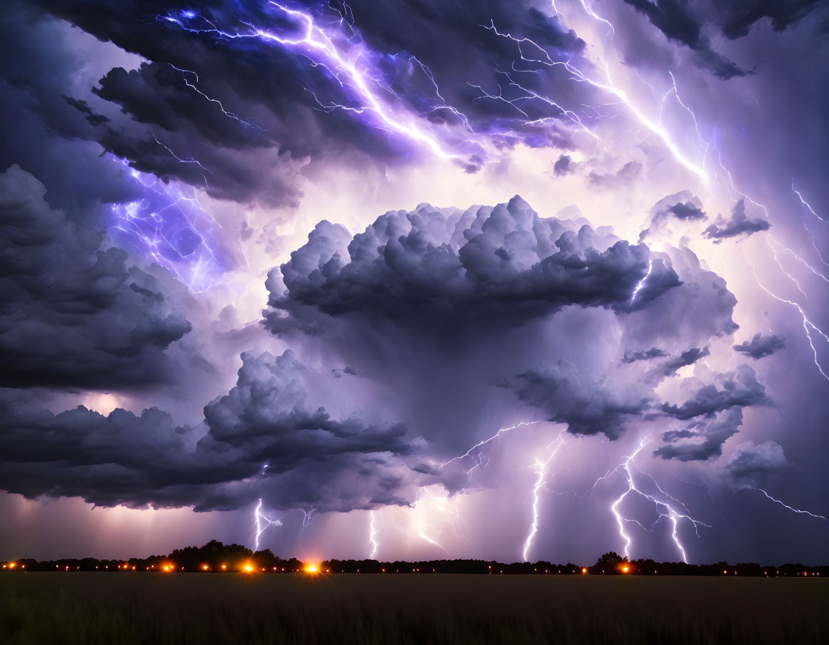 Dramatic night thunderstorm with lightning strikes illuminating dark clouds