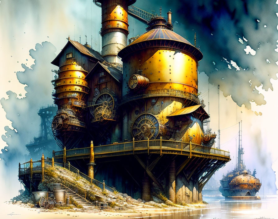 Steampunk-inspired fantasy industrial complex with metallic structures, cogwheels, pipes, and submarines under