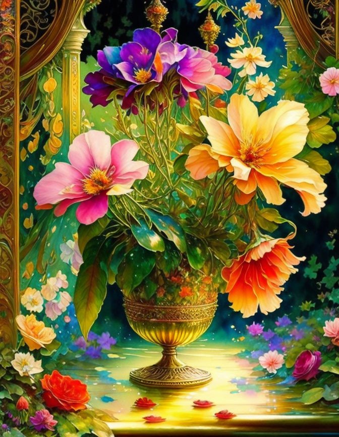 Colorful Floral Painting with Golden Vase and Reflective Surface