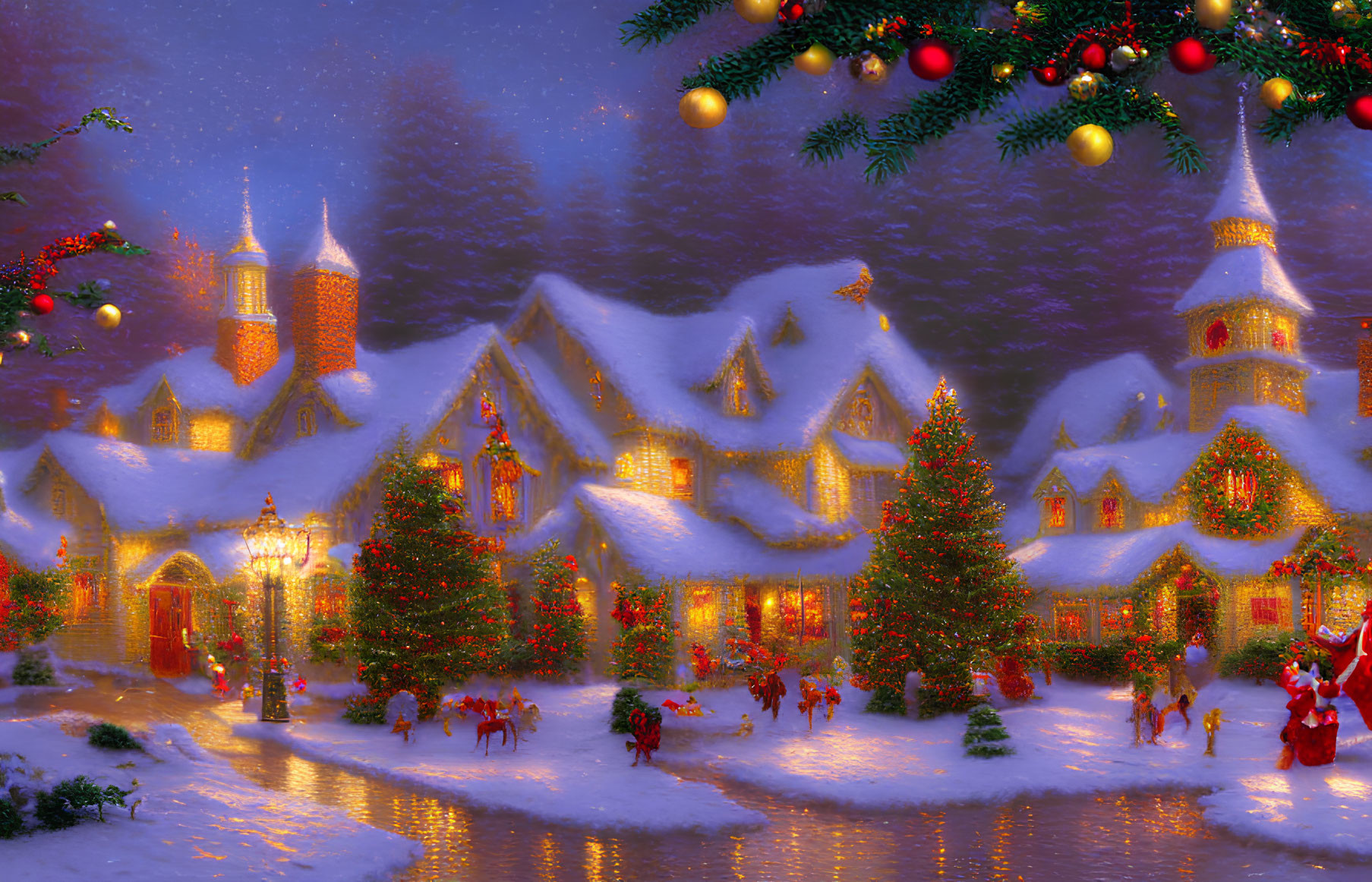 Snowy Holiday Village with Illuminated Buildings and Santa Claus Figures