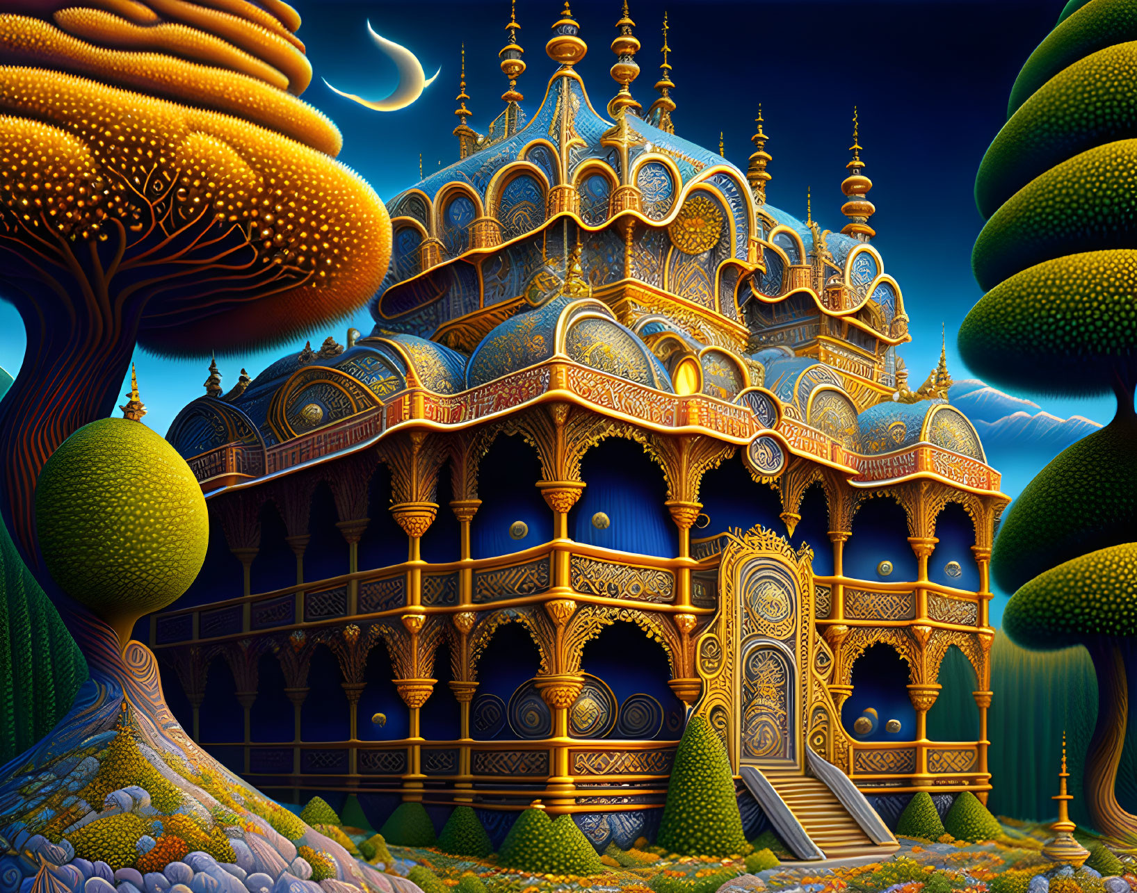 Fantastical palace with gold details under night sky