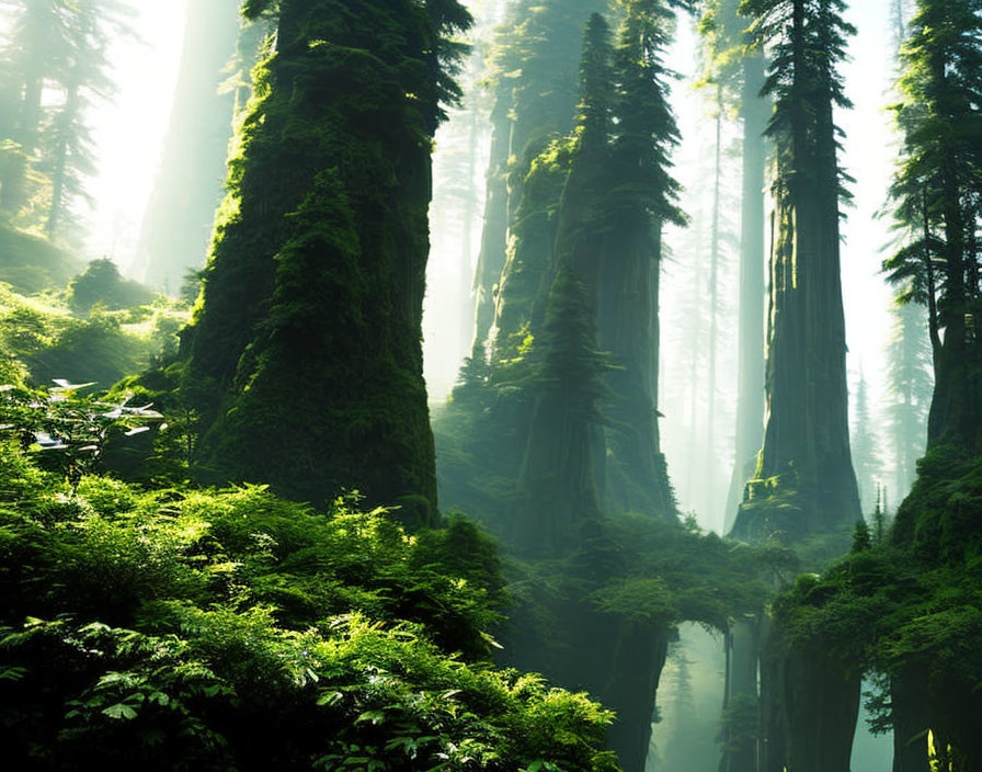 Tranquil Forest Scene with Tall Trees and Sunlight Through Fog