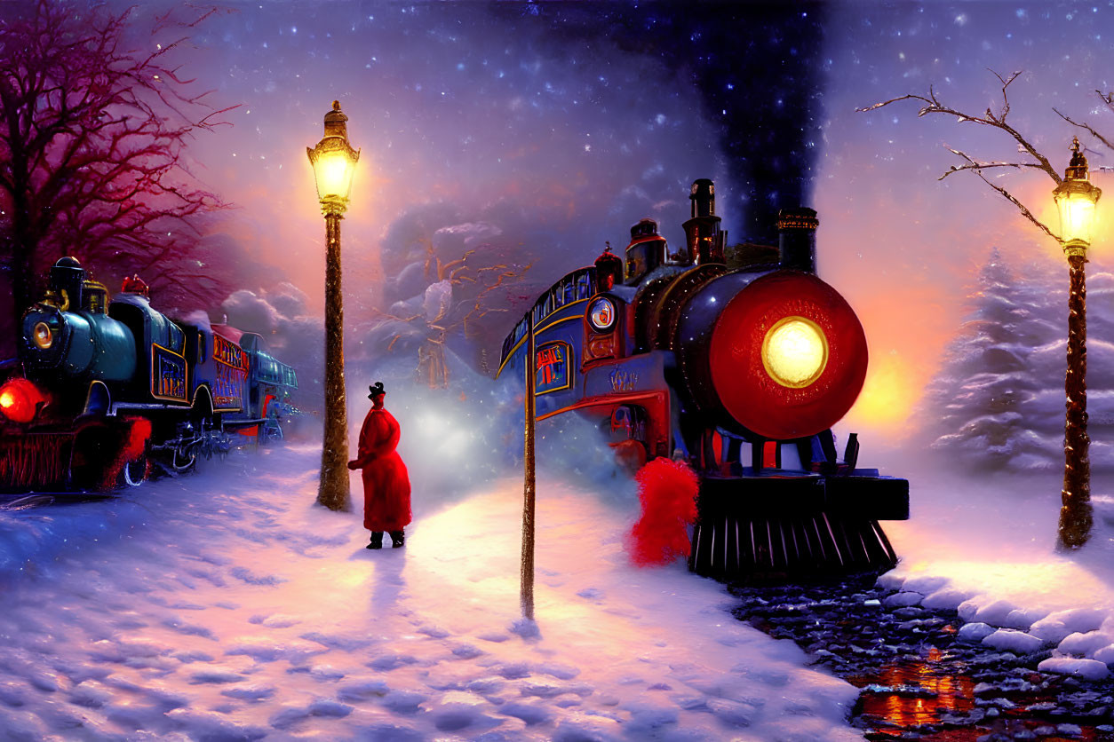 Person in red coat watches vintage blue steam train in snowy twilight scene