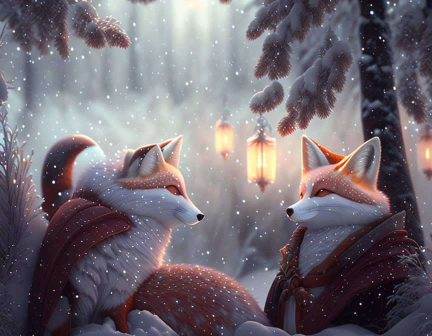 Foxes with scarves under snowy pine trees and lanterns in enchanted winter scene