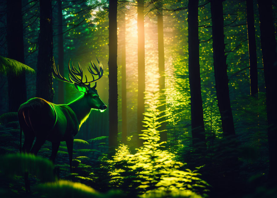 Majestic deer in mystical forest under golden sunlight