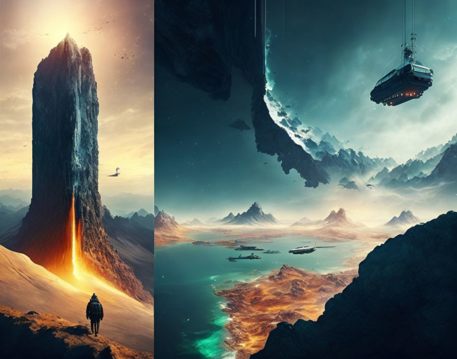 Surreal landscape with lava monolith, floating islands, and airships