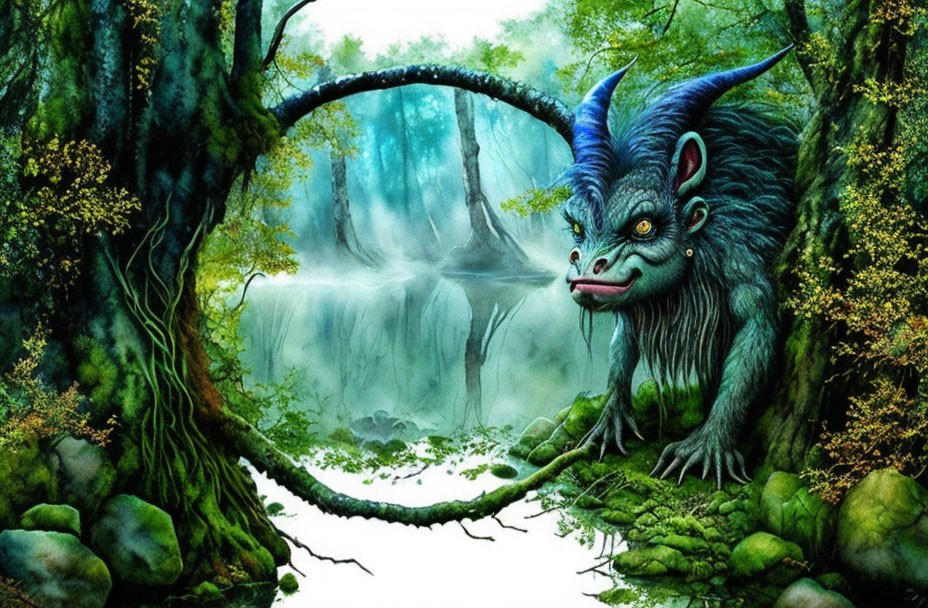 Majestic dragon-goat hybrid in misty forest with blue horns.