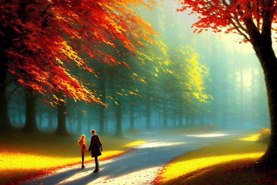 Autumnal forest scene with two individuals walking on sunlit path