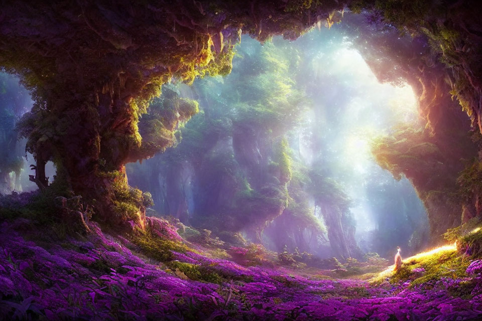 Person in mystical forest among vibrant purple flora and moss-covered cliffs.