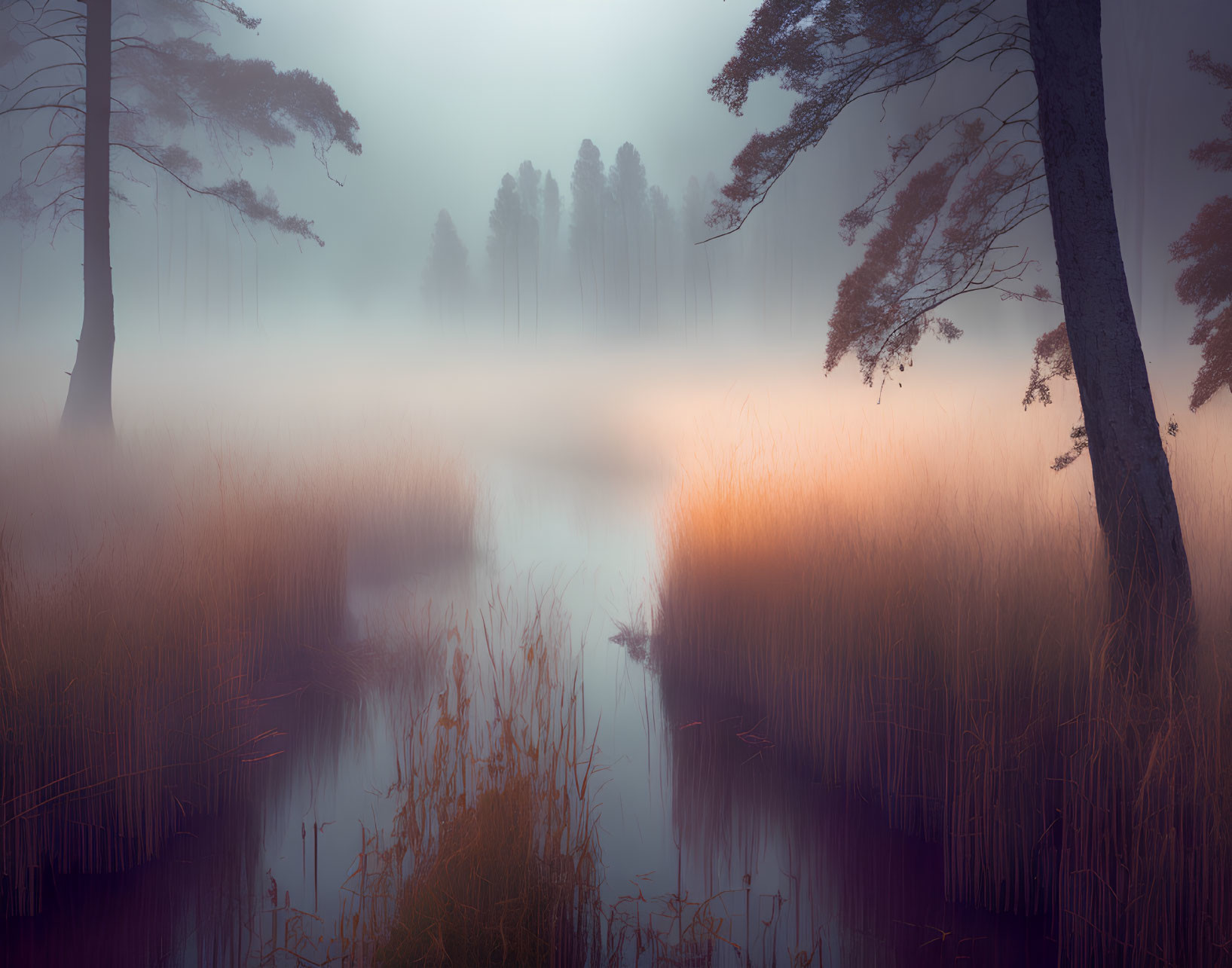 Tranquil Misty Landscape with Silhouetted Trees and Water Stream