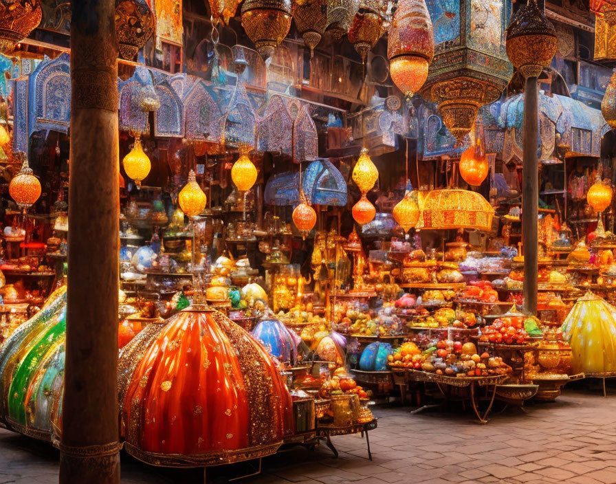 Colorful Hanging Lanterns, Ornate Lamps & Glassware in Vibrant Bazaar