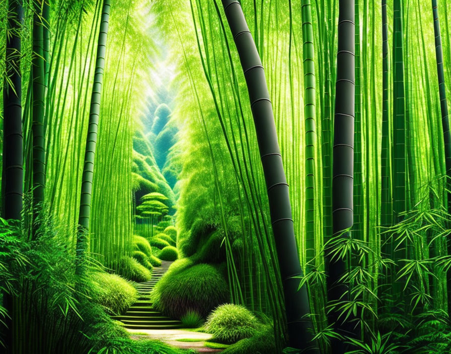 Lush Bamboo Forest with Towering Stalks & Sunlit Path