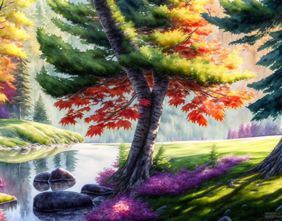 Colorful forest scene with reflective lake and purple flora