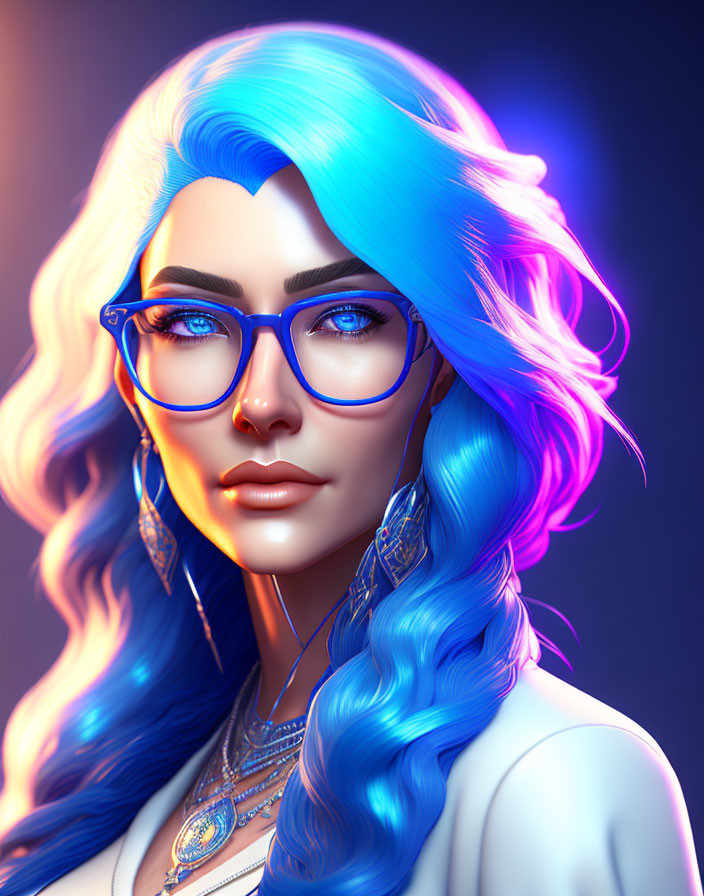 Vibrant blue hair woman portrait with glasses and earrings on gradient background