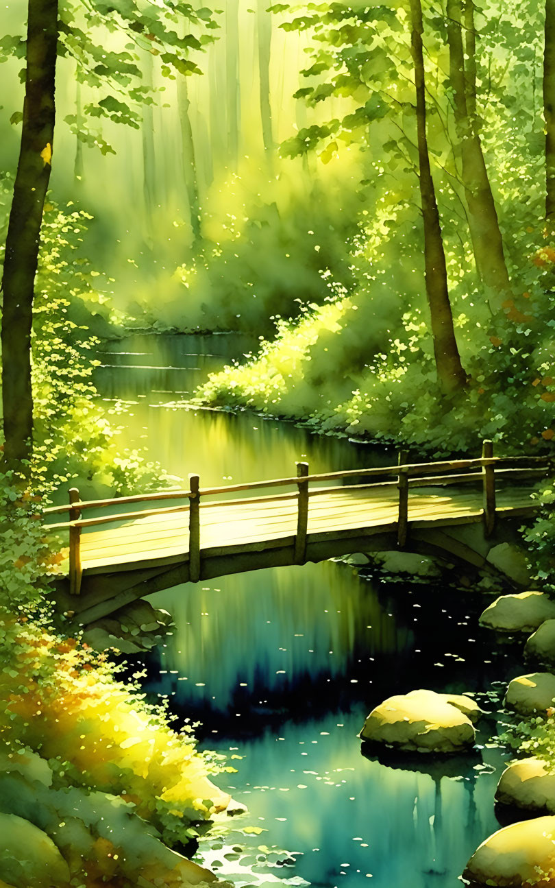 Tranquil forest scene: wooden bridge over stream, sunlight filtering through foliage