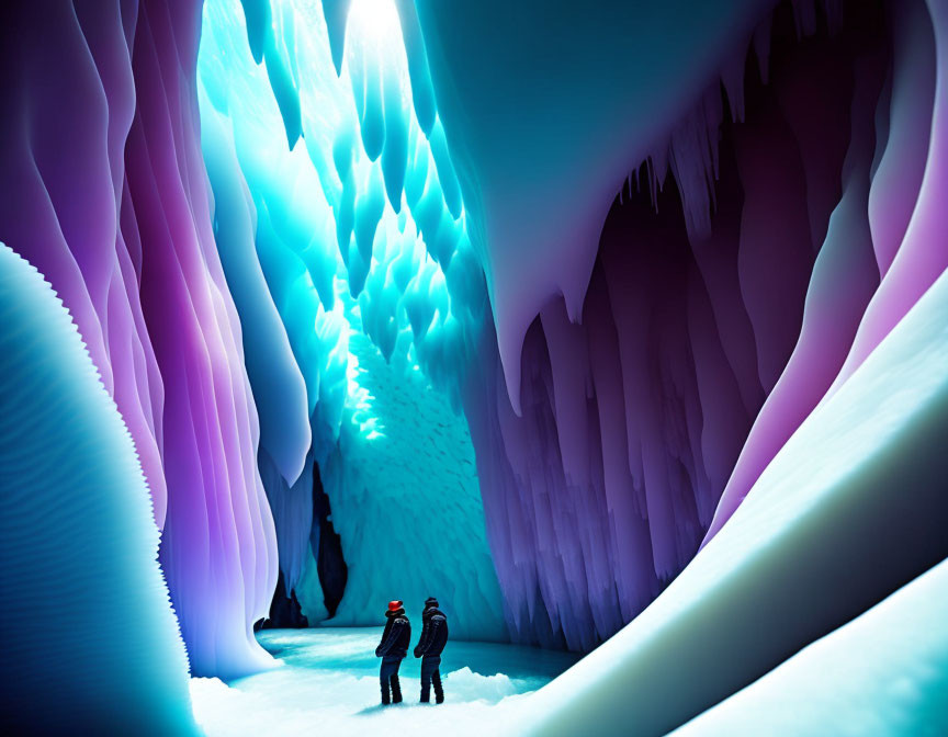 Vibrant ice cave with two people under blue light