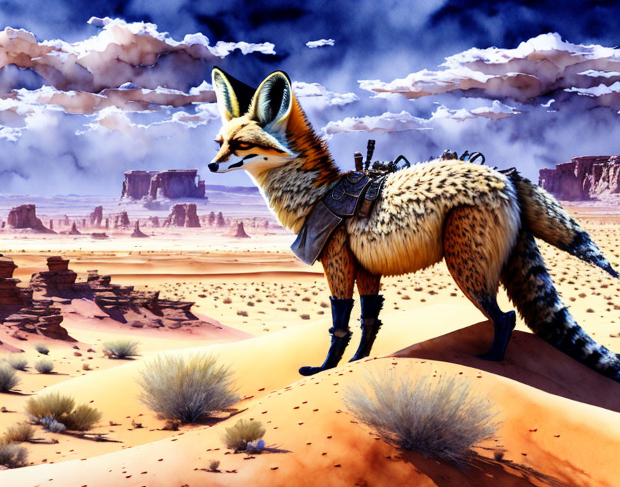 Anthropomorphic fox with leather harness in desert landscape with rock formations