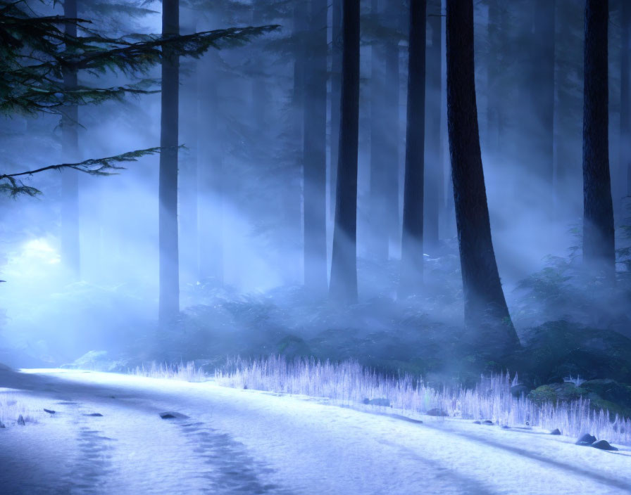 Misty forest at twilight with snowy path and blue light