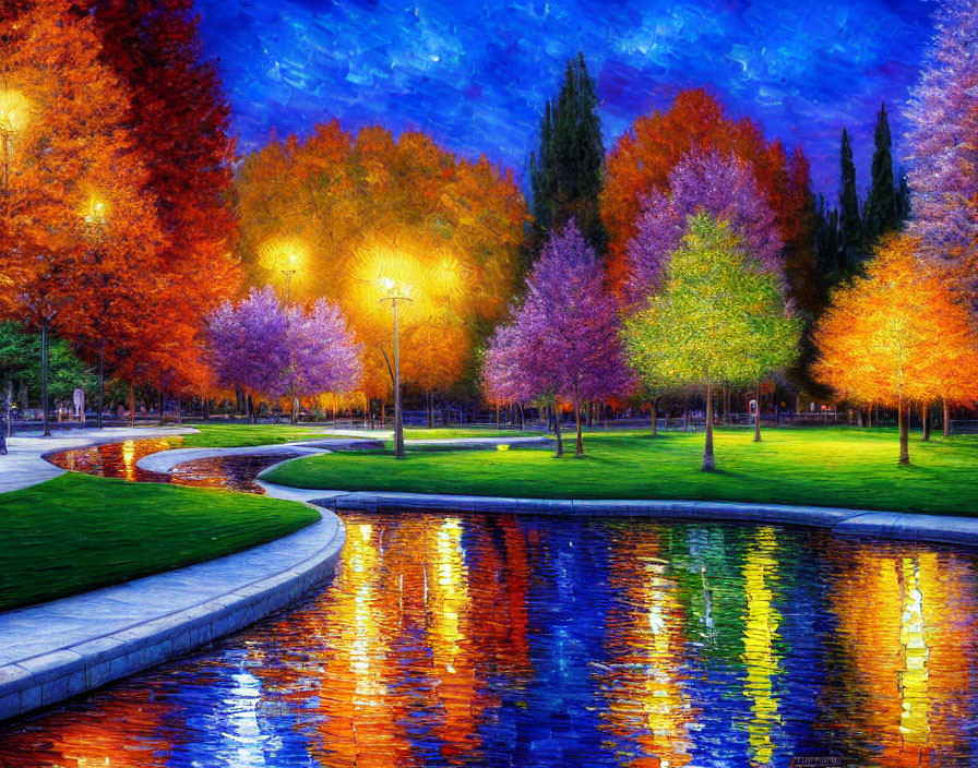 Serene dusk scene in a park with illuminated paths, autumn trees, and textured sky