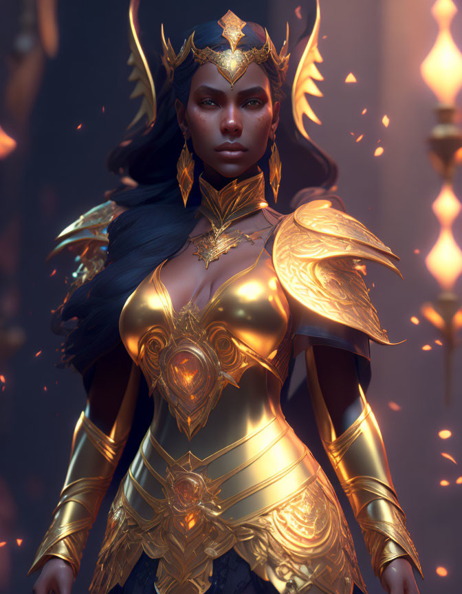 Elaborate golden armor woman standing confidently in flames