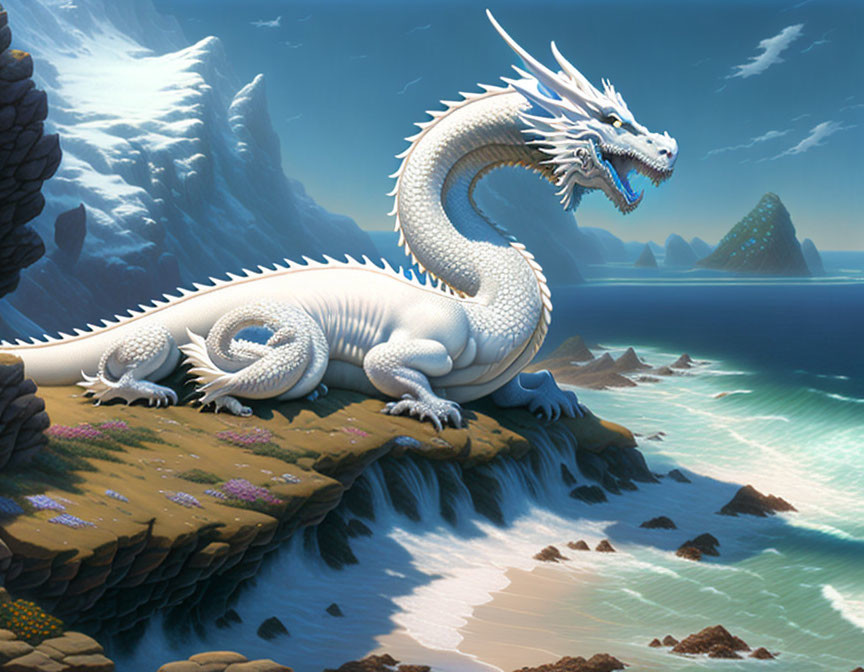 White Dragon Resting on Coastal Cliff with Serene Ocean and Sky