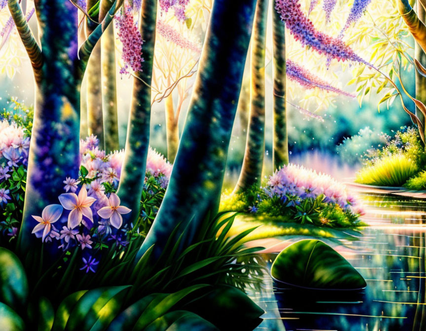 Tranquil forest landscape with wisteria trees and serene water