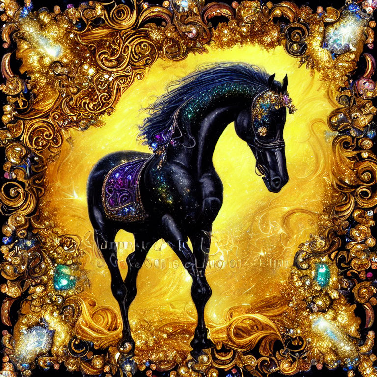 Majestic black horse with cosmic, glittering mane in ornate gold swirl.