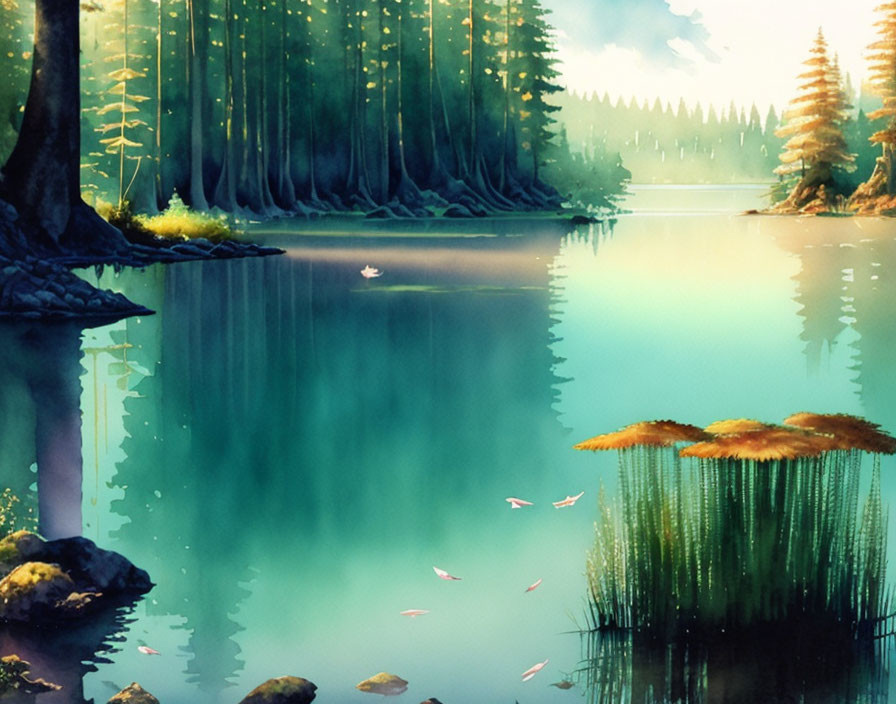 Tranquil forest scene: serene lake, lush trees, autumn leaves.