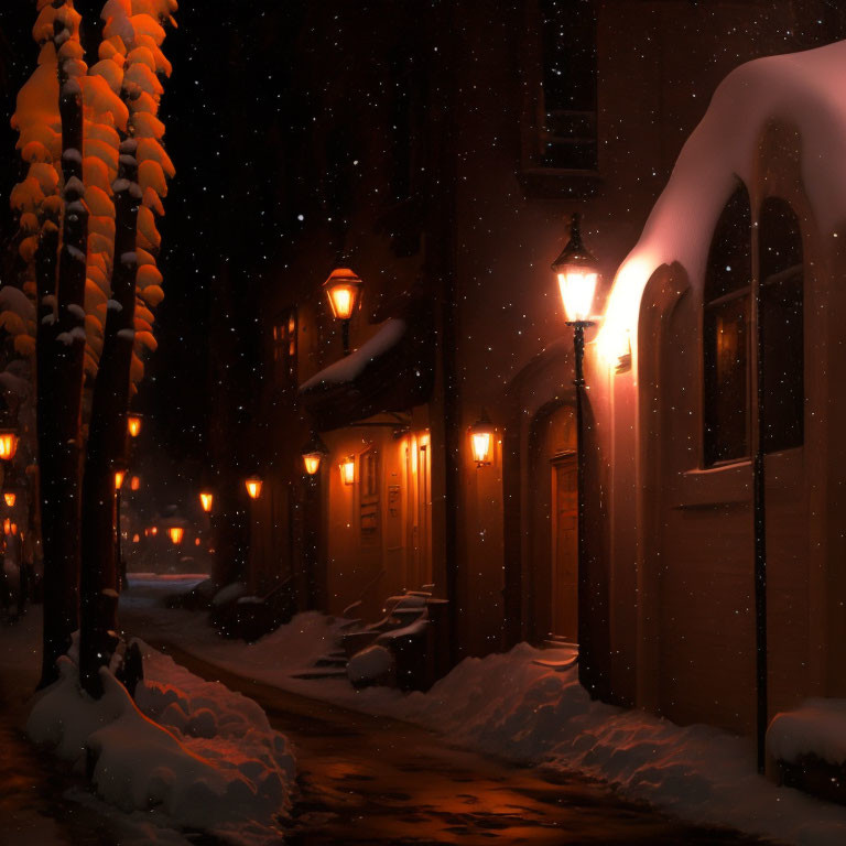 Snow-covered street at night with glowing street lamps and falling snowflakes