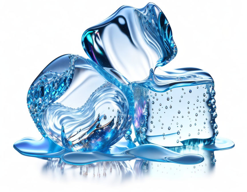 Crystal-clear ice cubes with splashing water on reflective surface