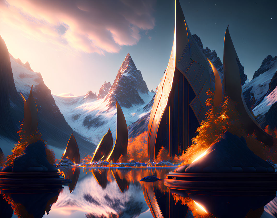 Futuristic building in serene landscape with lake, mountains, and trees