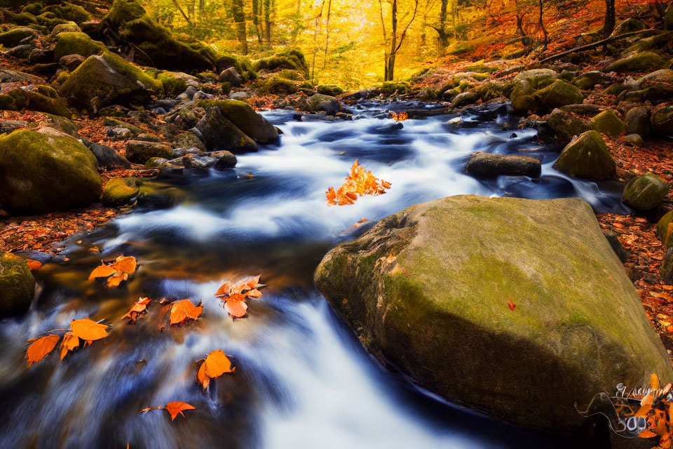 Tranquil forest stream with autumn leaves and moss-covered rocks